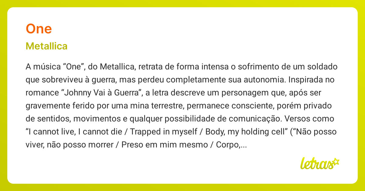 Significado da música ONE (Metallica) - LETRAS.MUS.BR