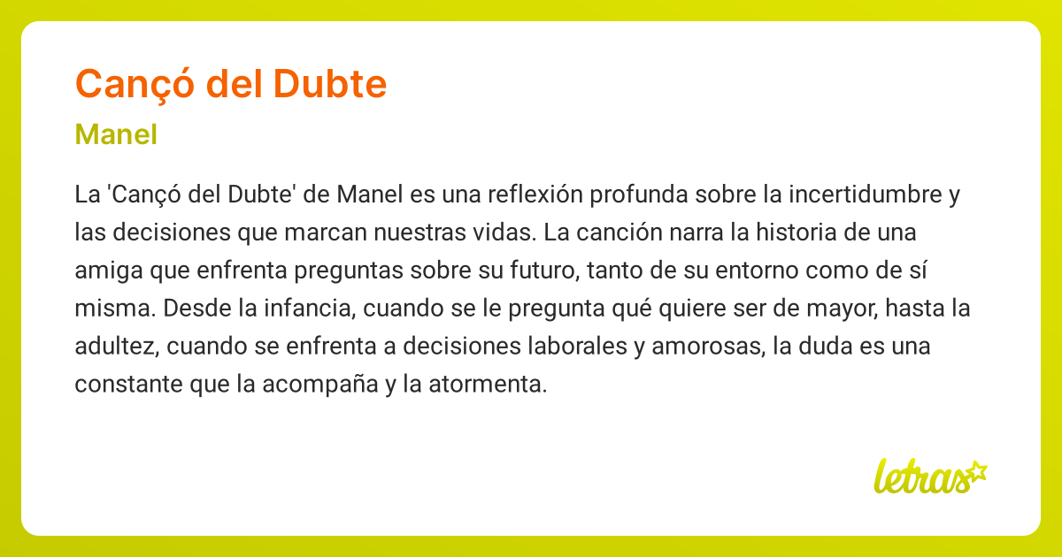 Significado de la canción CANÇÓ DEL DUBTE (Manel) - LETRAS.COM