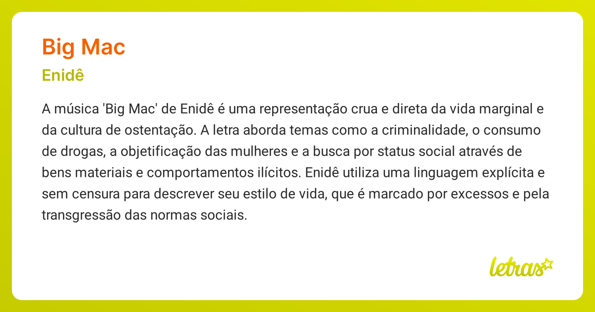Significado da música BIG MAC (Enidê) - LETRAS.MUS.BR