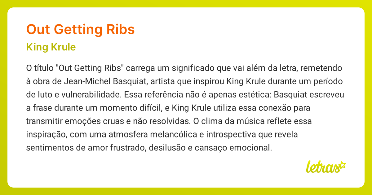 Significado da música OUT GETTING RIBS (King Krule) - LETRAS.MUS.BR