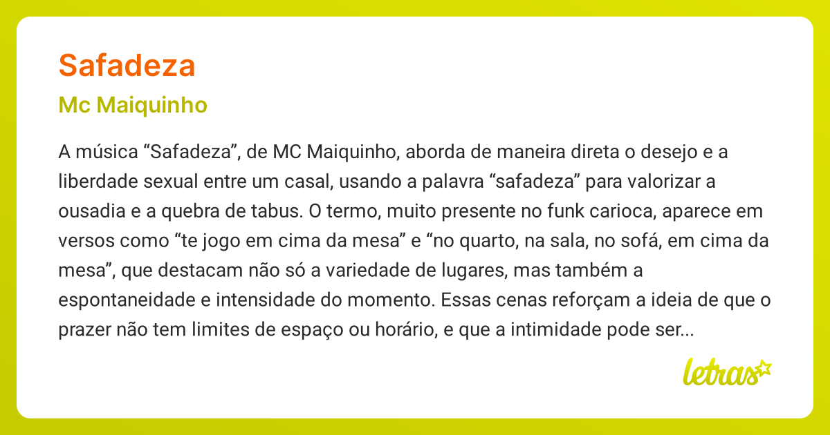 Significado da música SAFADEZA (Mc Maiquinho) - LETRAS.MUS.BR