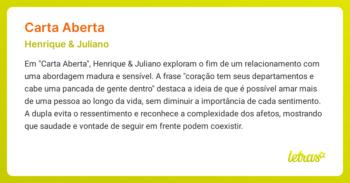 Significado da música CARTA ABERTA (Henrique & Juliano) - LETRAS.MUS.BR