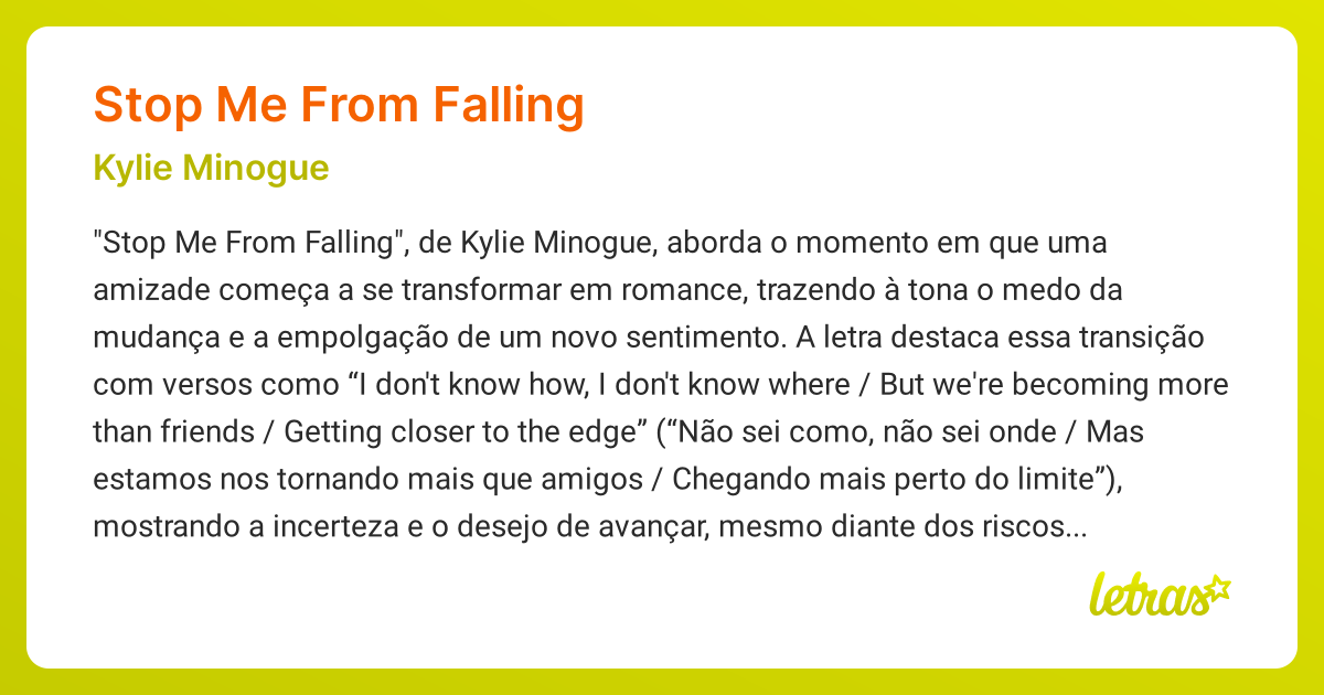 Significado da música STOP ME FROM FALLING (Kylie Minogue) - LETRAS.MUS.BR
