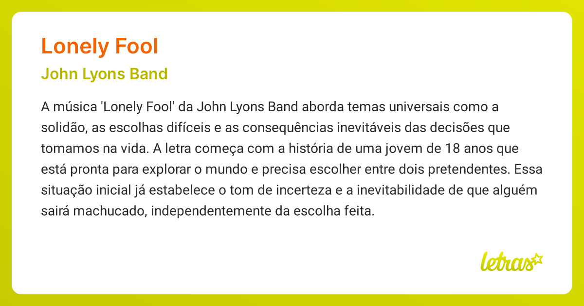 Significado da música LONELY FOOL (John Lyons Band) - LETRAS.MUS.BR