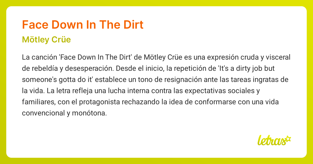 Significado de la cancion FACE DOWN IN THE DIRT Motley Crue LETRAS.COM