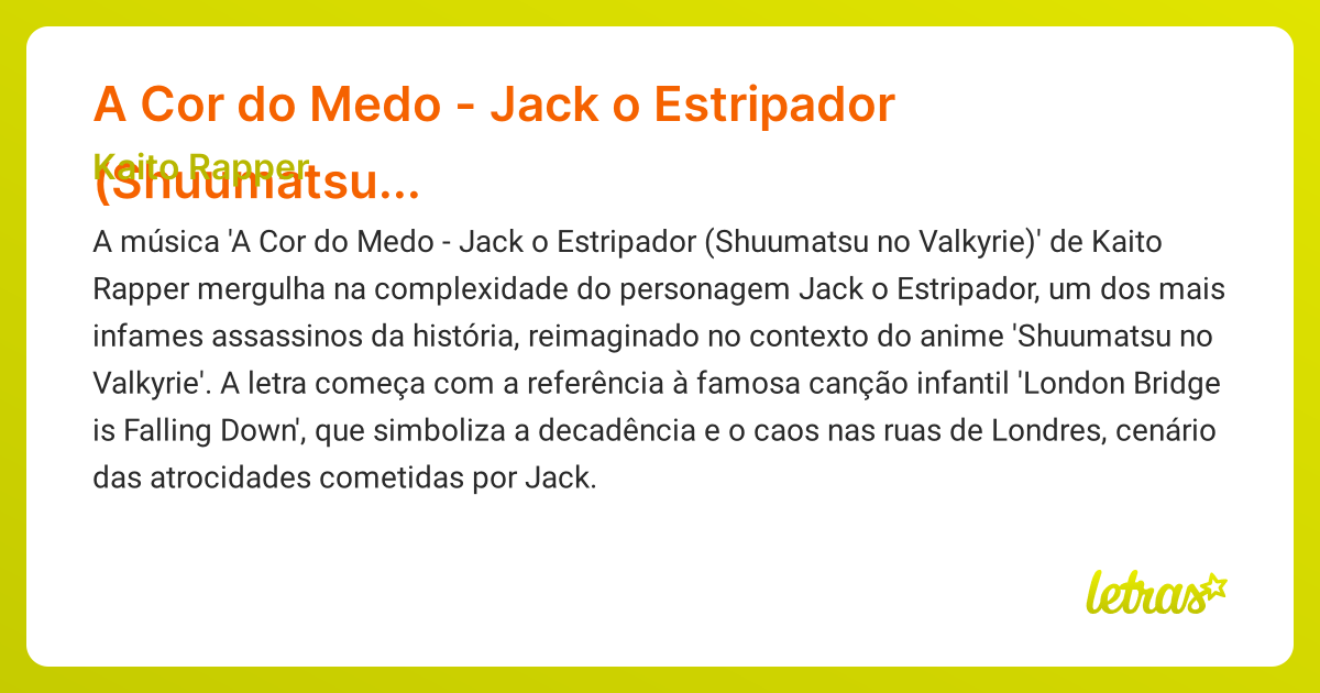 Significado da música A Cor do Medo - Jack o Estripador (Shuumatsu no ...