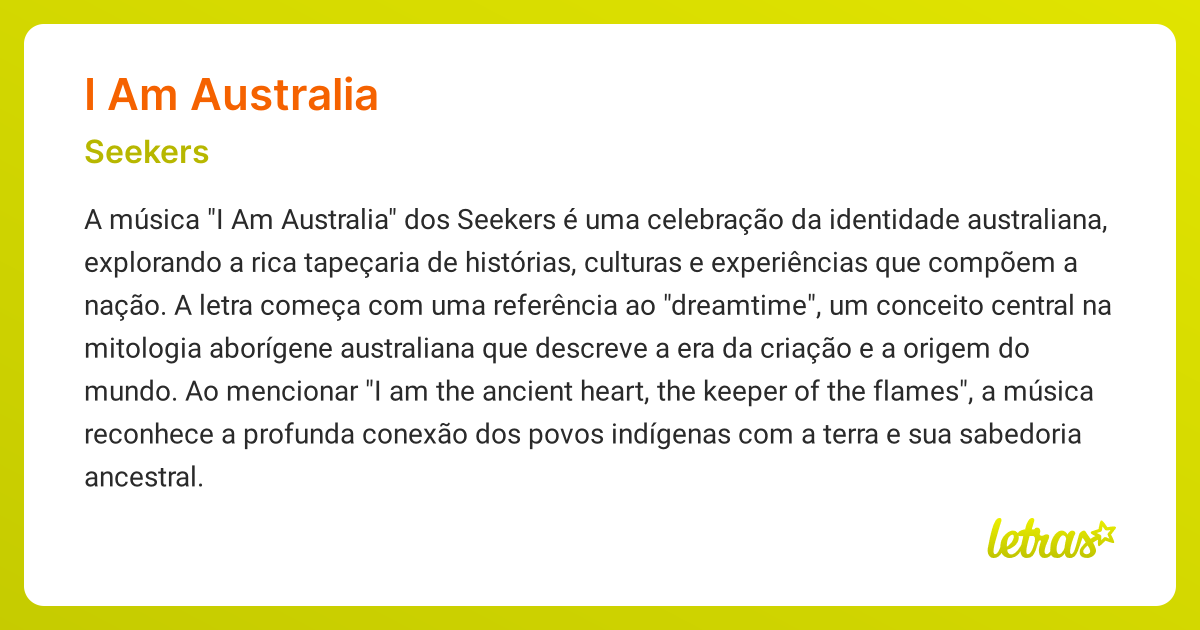 Significado da música I AM AUSTRALIA (Seekers) - LETRAS.MUS.BR