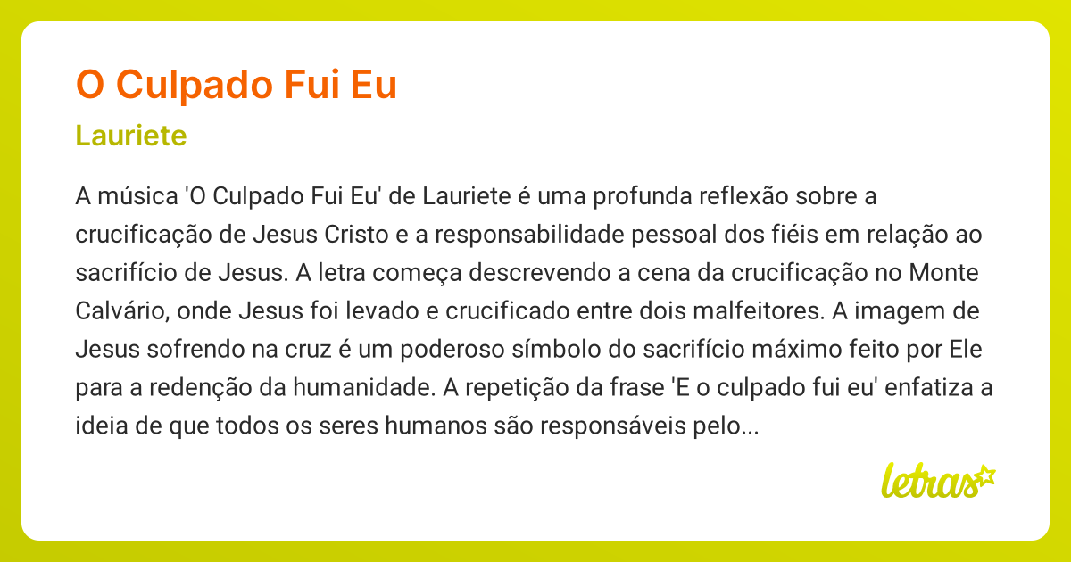 Significado da música O CULPADO FUI EU (Lauriete) - LETRAS.MUS.BR