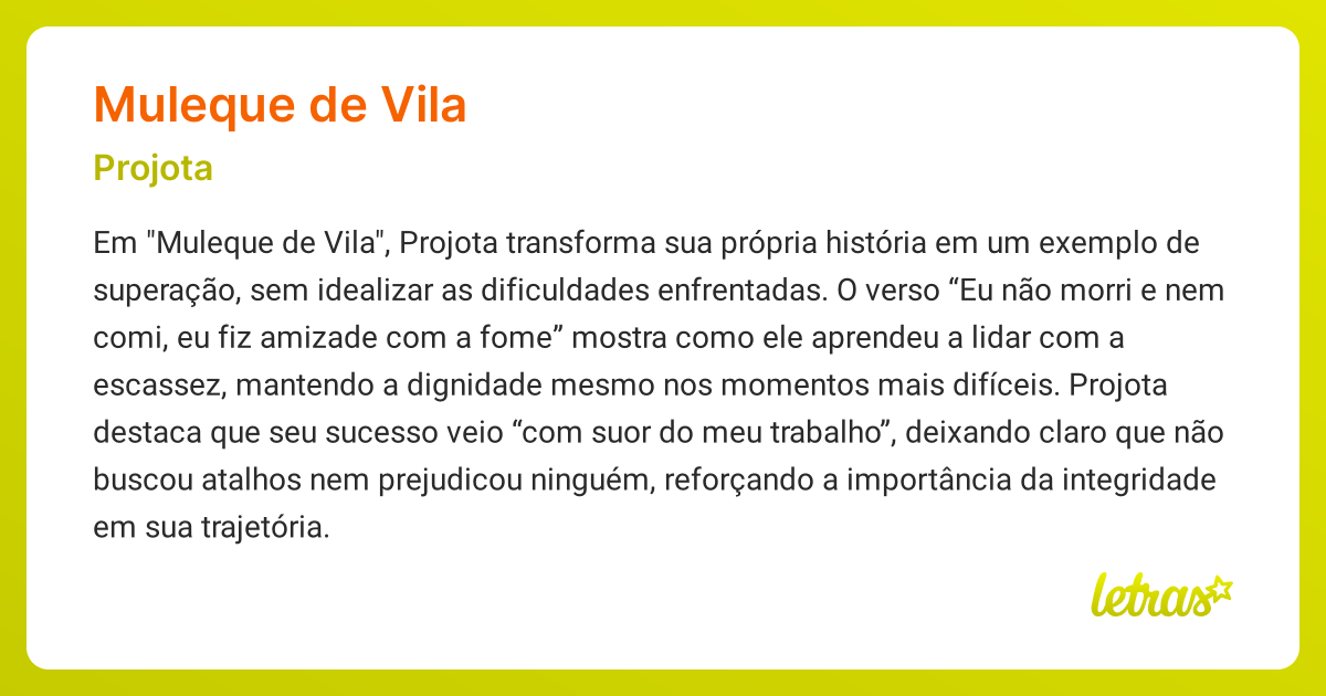 Significado da música MULEQUE DE VILA (Projota) - LETRAS.MUS.BR