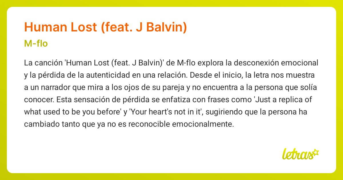 Significado de la canción HUMAN LOST (FEAT. J BALVIN) (M-flo) - LETRAS.COM