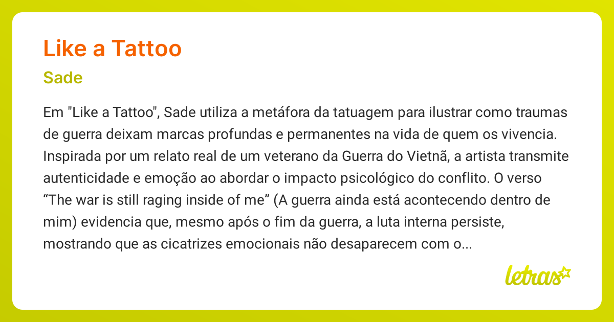 Significado da música LIKE A TATTOO (Sade) LETRAS.MUS.BR