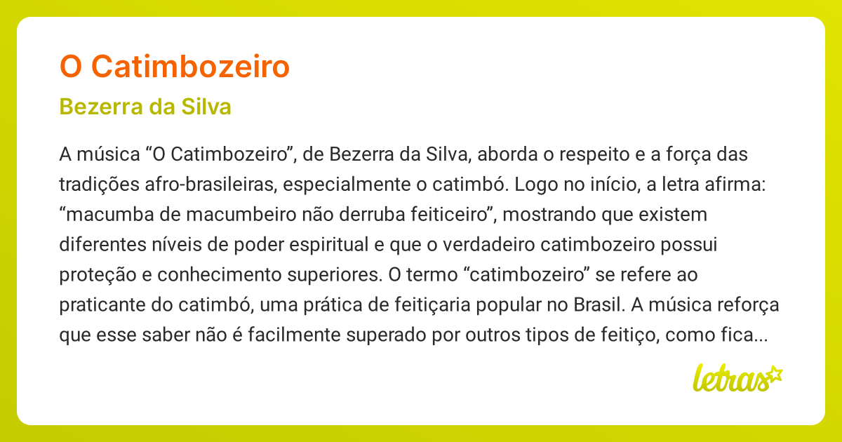 Significado da música O CATIMBOZEIRO (Bezerra da Silva) - LETRAS.MUS.BR
