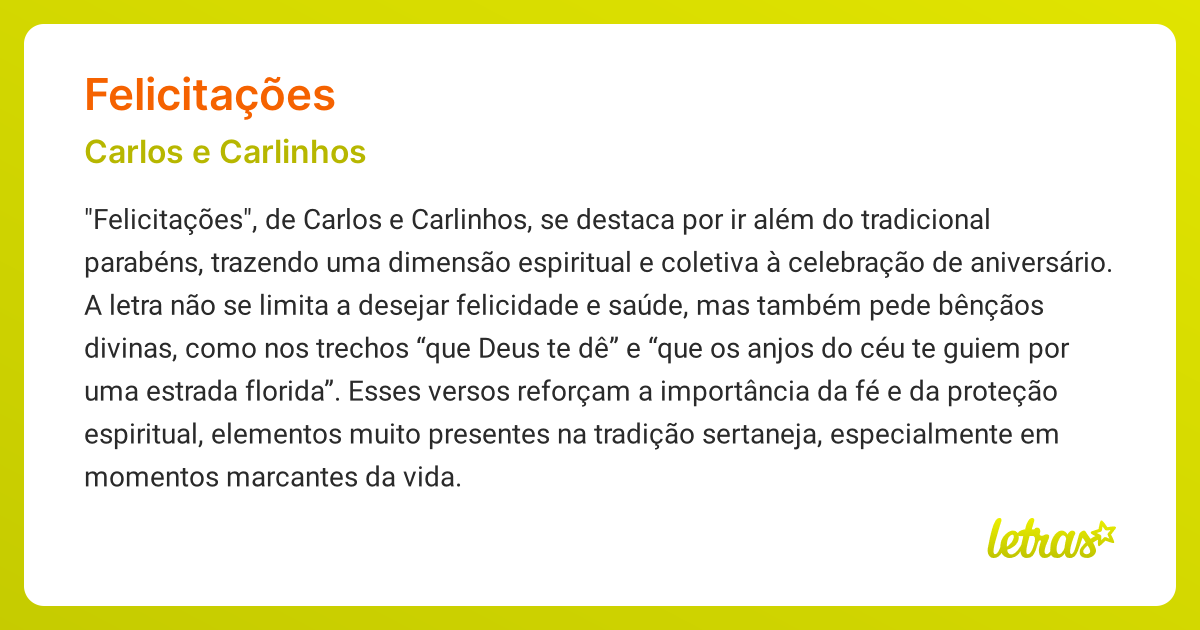 Significado da música FELICITAÇÕES (Carlos e Carlinhos) - LETRAS.MUS.BR