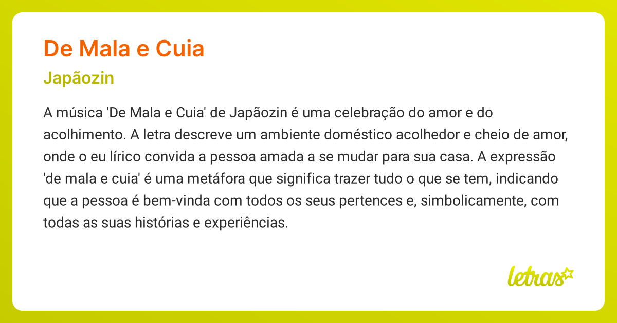 Significado da música DE MALA E CUIA (Japãozin) - LETRAS.MUS.BR