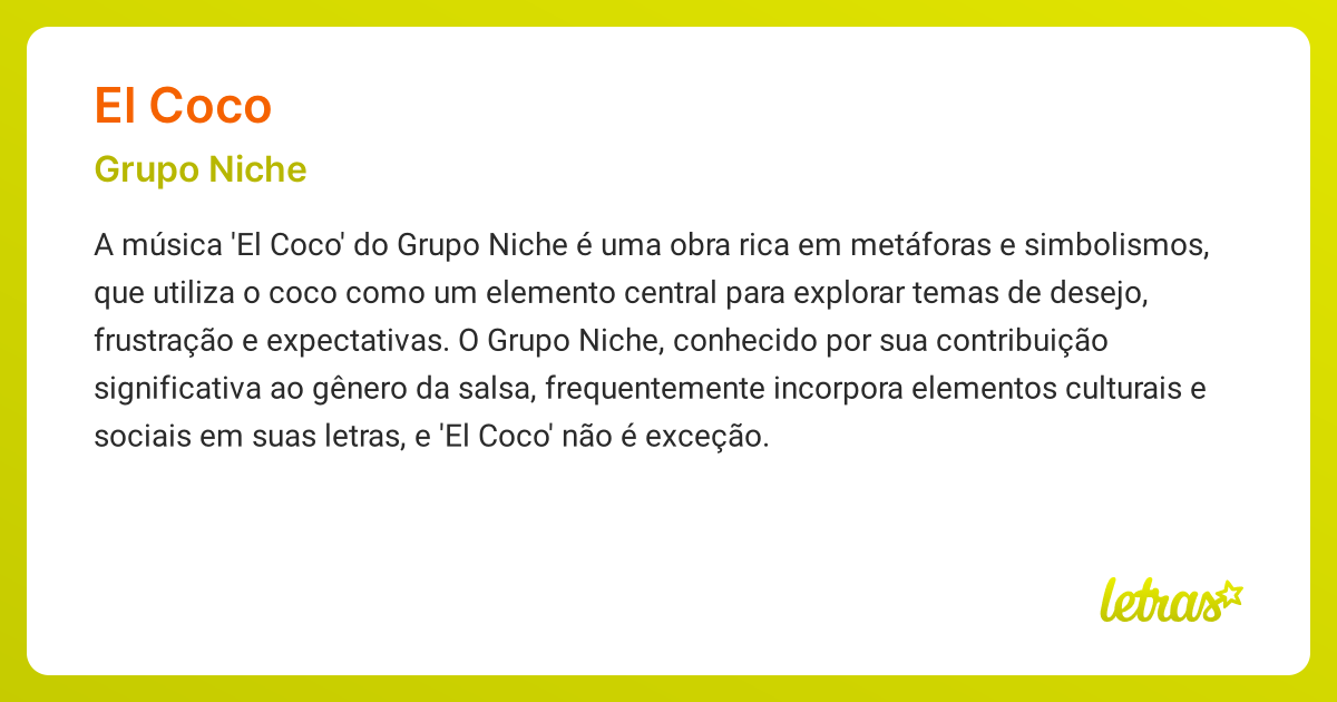 Significado da música EL COCO (Grupo Niche) - LETRAS.MUS.BR
