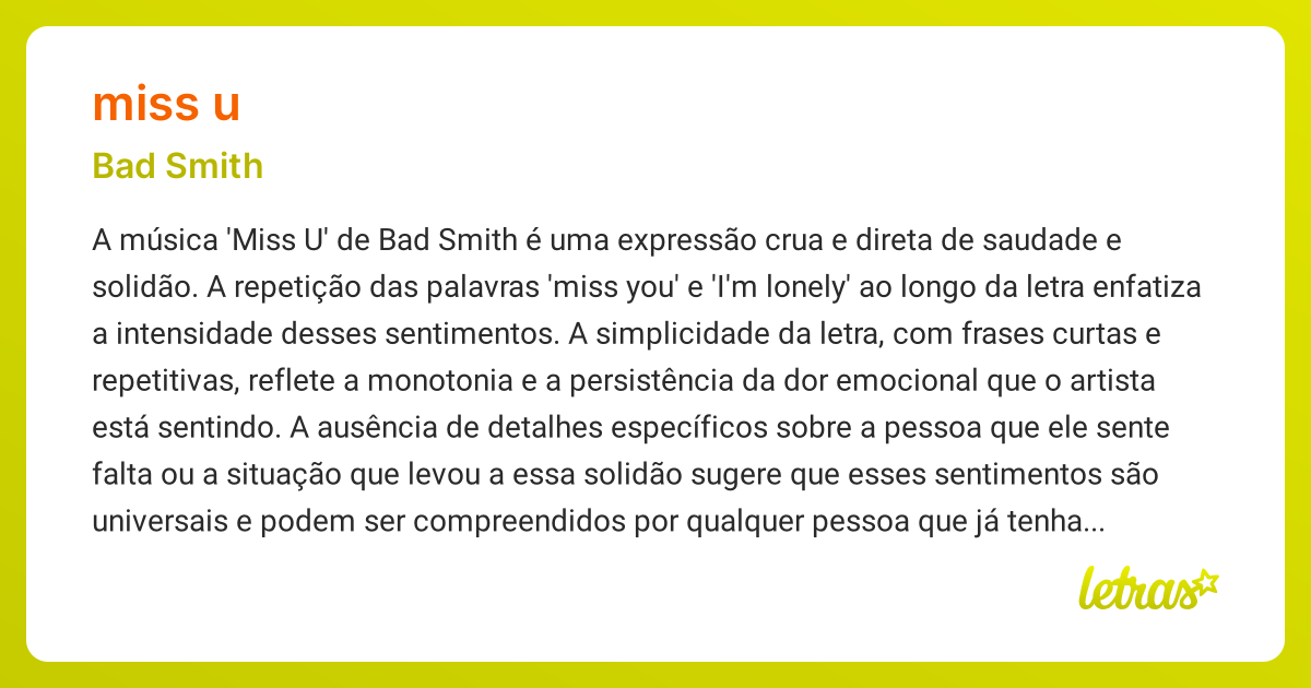 Significado da música MISS U (Bad Smith) - LETRAS.MUS.BR