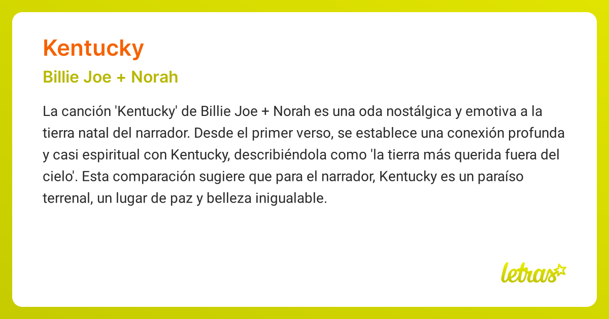 Significado de la canción KENTUCKY (Billie Joe + Norah) - LETRAS.COM