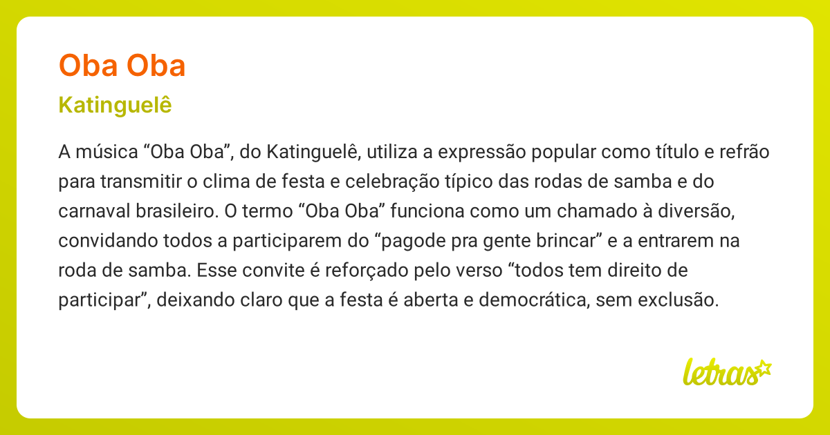 Significado da música OBA OBA (Katinguelê) - LETRAS.MUS.BR
