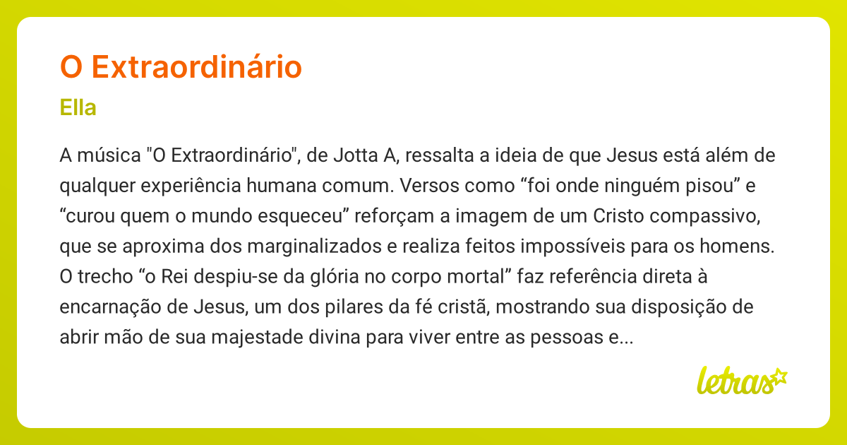 Significado da música O EXTRAORDINÁRIO (Ella) - LETRAS.MUS.BR