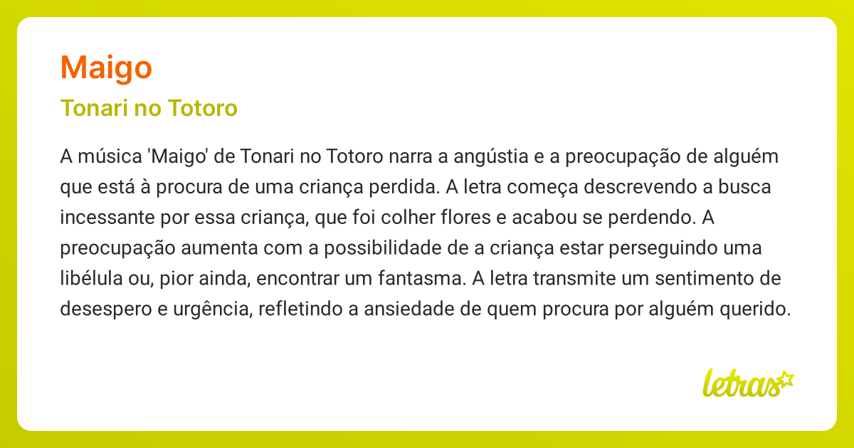 Significado da música MAIGO (Tonari no Totoro) - LETRAS.MUS.BR