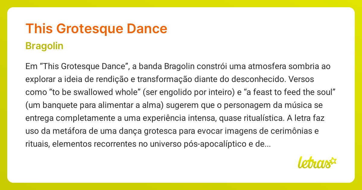 Significado da música THIS GROTESQUE DANCE (Bragolin) - LETRAS.MUS.BR