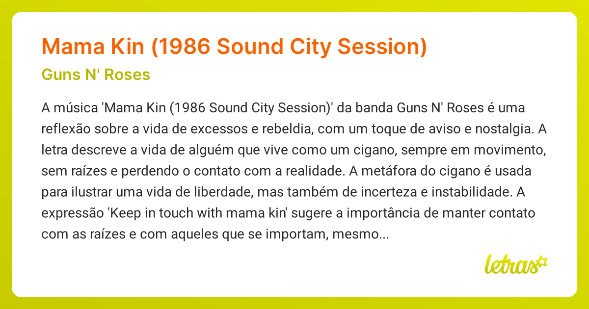 Significado da música Mama Kin (1986 Sound City Session) (Guns N' Roses ...