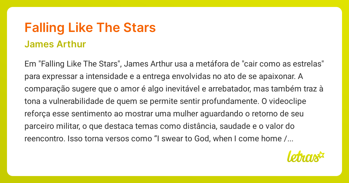Significado da música FALLING LIKE THE STARS (James Arthur) - LETRAS.MUS.BR