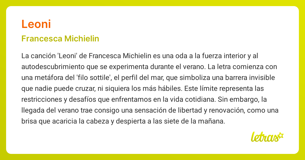 Significado de la canción LEONI (Francesca Michielin) - LETRAS.COM