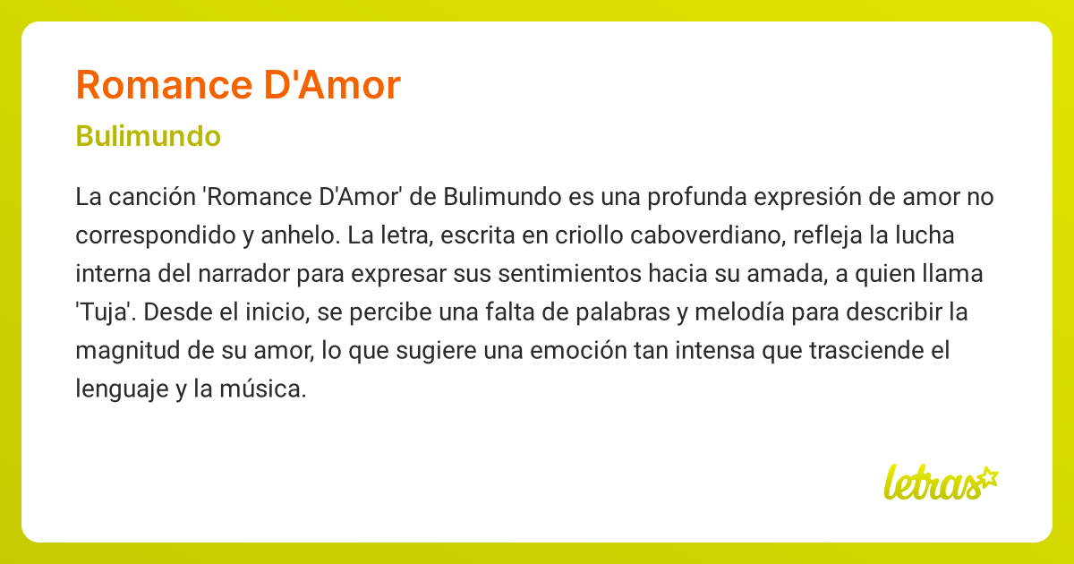 Significado de la canción ROMANCE D'AMOR (Bulimundo) - LETRAS.COM