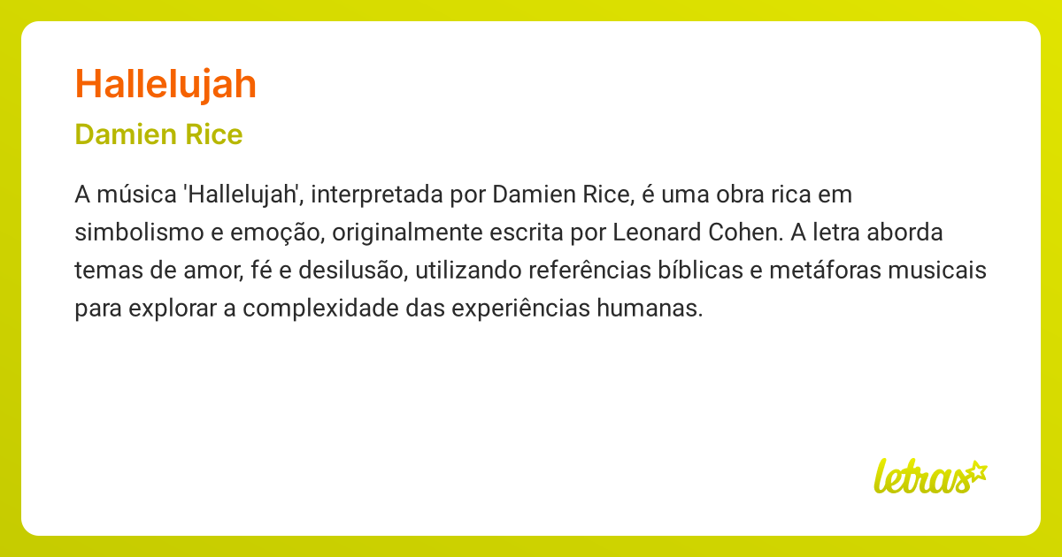 Significado da música HALLELUJAH (Damien Rice) - LETRAS.MUS.BR