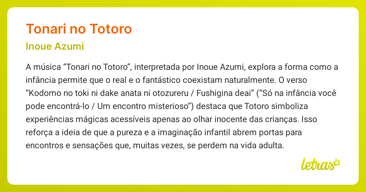 Significado da música TONARI NO TOTORO (Inoue Azumi) - LETRAS.MUS.BR