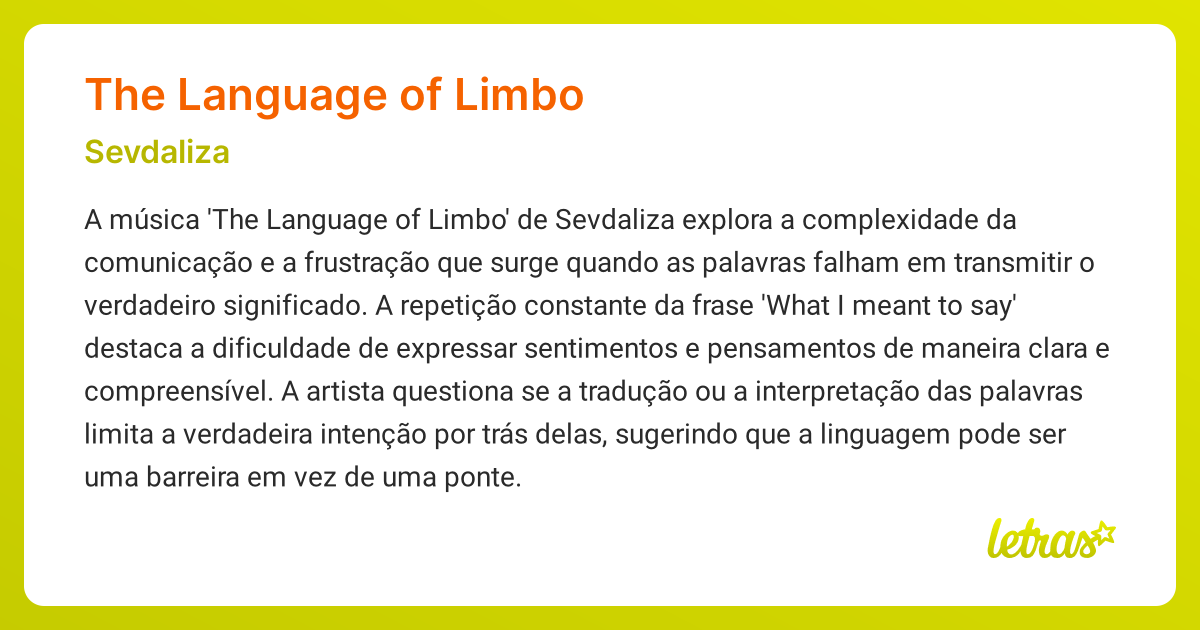 Significado da música THE LANGUAGE OF LIMBO (Sevdaliza) - LETRAS.MUS.BR