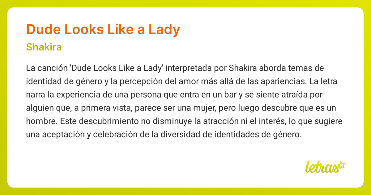 Significado de la canción DUDE LOOKS LIKE A LADY (Shakira) - LETRAS.COM