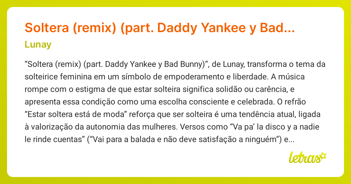 Significado da música Soltera (remix) (part. Daddy Yankee y Bad Bunny ...