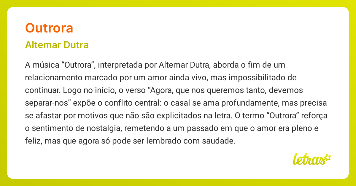 Significado da música OUTRORA (Altemar Dutra) - LETRAS.MUS.BR