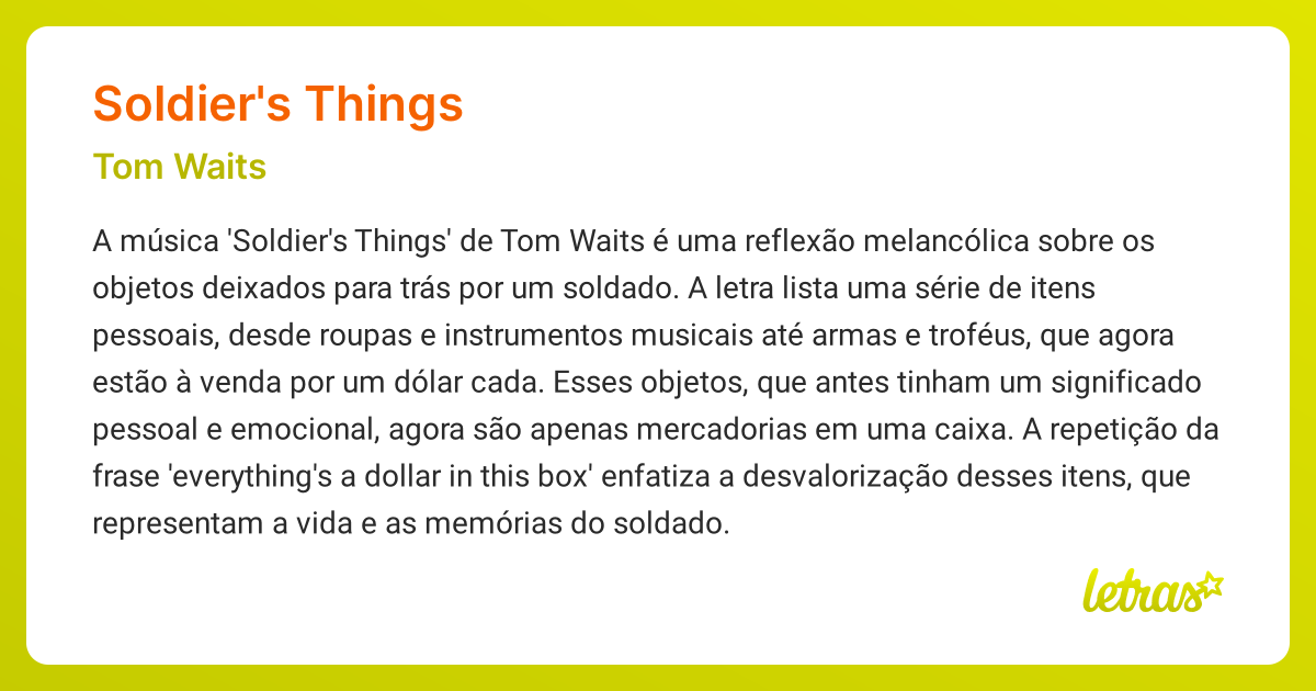 Significado da música SOLDIER'S THINGS (Tom Waits) - LETRAS.MUS.BR