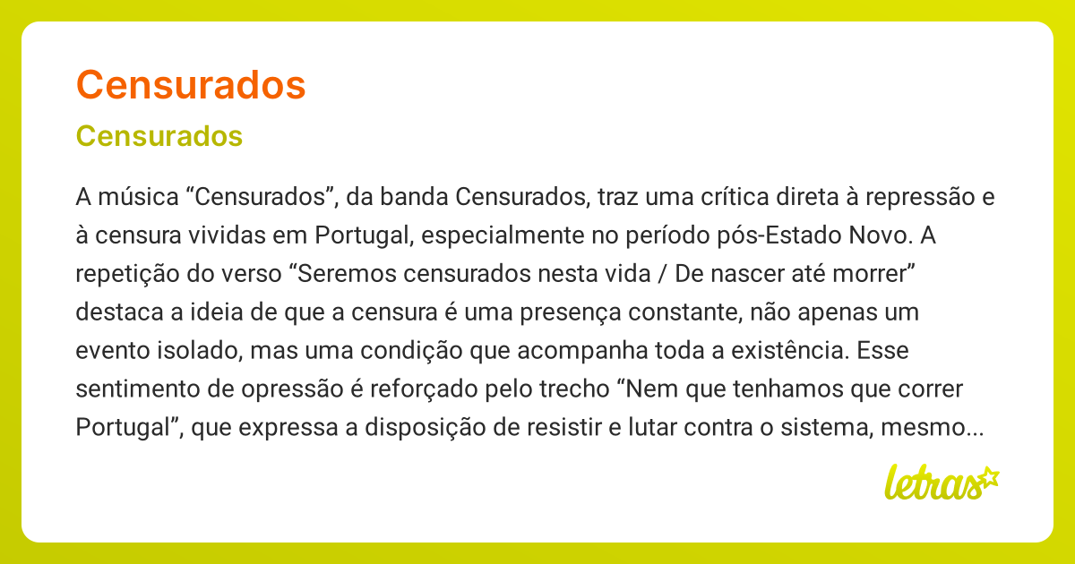 Significado da música CENSURADOS (Censurados) - LETRAS.MUS.BR