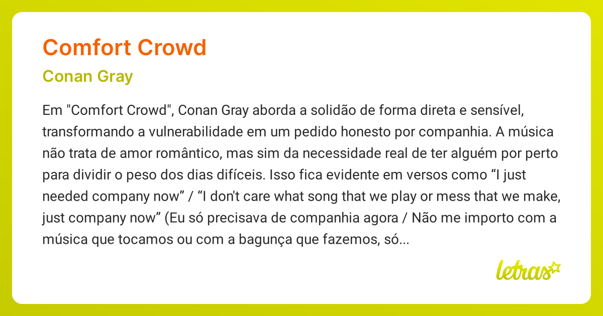 Significado da música COMFORT CROWD (Conan Gray) - LETRAS.MUS.BR