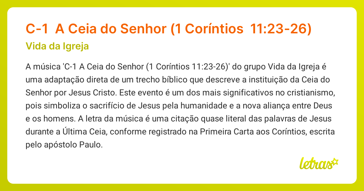 Significado da música C-1 A Ceia do Senhor (1 Coríntios 11:23-26) (Vida ...