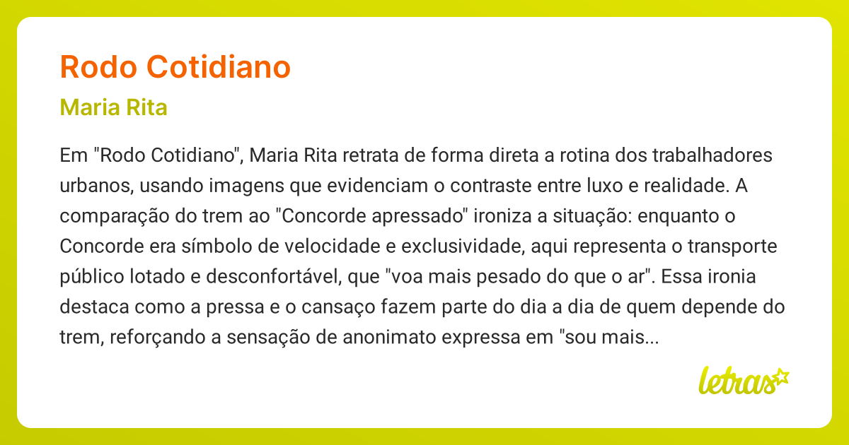 Significado da música RODO COTIDIANO (Maria Rita) - LETRAS.MUS.BR