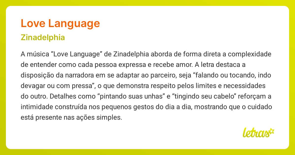 Significado da música LOVE LANGUAGE (Zinadelphia) - LETRAS.MUS.BR