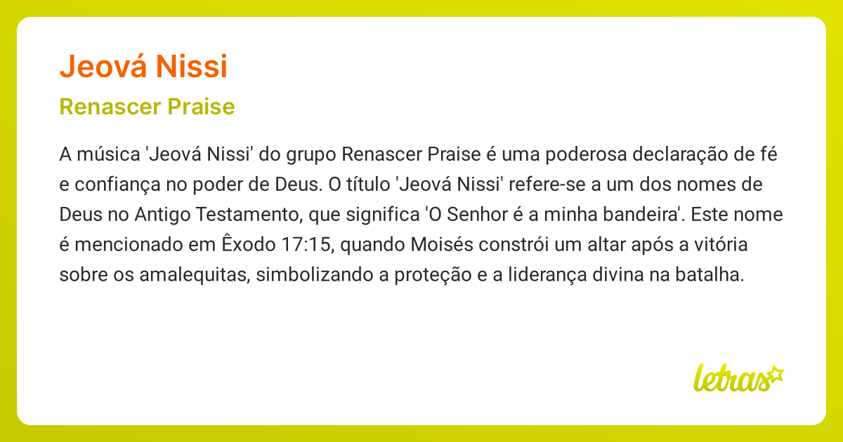Significado da música JEOVÁ NISSI (Renascer Praise) - LETRAS.MUS.BR