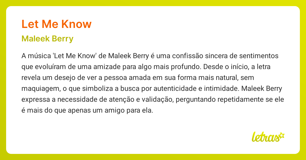 Significado da música LET ME KNOW (Maleek Berry) - LETRAS.MUS.BR