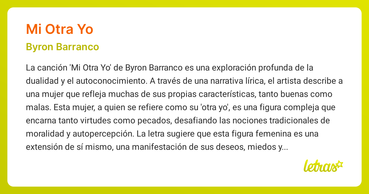 Significado de la canción MI OTRA YO (Byron Barranco) - LETRAS.COM