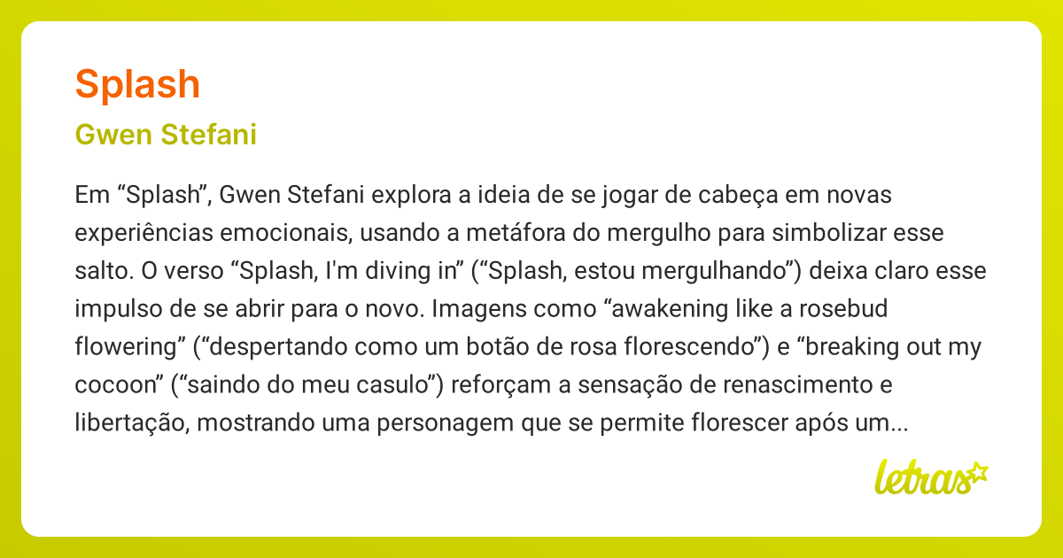 Significado da música SPLASH (Gwen Stefani) - LETRAS.MUS.BR