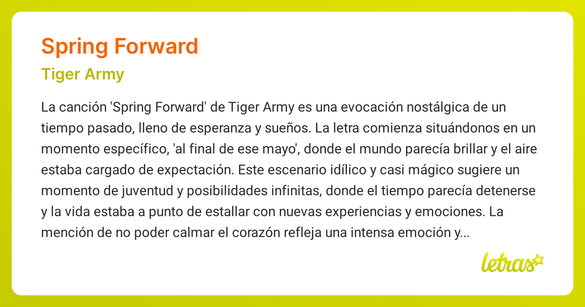 Significado de la canción SPRING FORWARD (Tiger Army) - LETRAS.COM