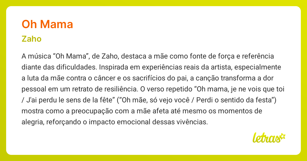 Significado da música OH MAMA (Zaho) - LETRAS.MUS.BR