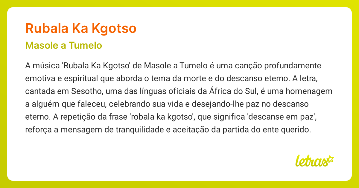 Significado da música RUBALA KA KGOTSO (Masole a Tumelo) - LETRAS.MUS.BR