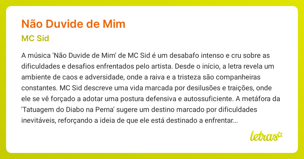 Significado da música NÃO DUVIDE DE MIM (MC Sid) - LETRAS.MUS.BR