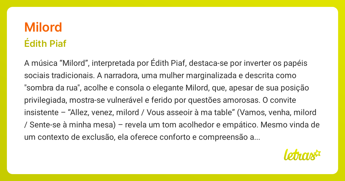 Significado da música MILORD (Édith Piaf) - LETRAS.MUS.BR